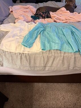 J. Crew Factory White and Aqua Eyelet Peasant Blouses
